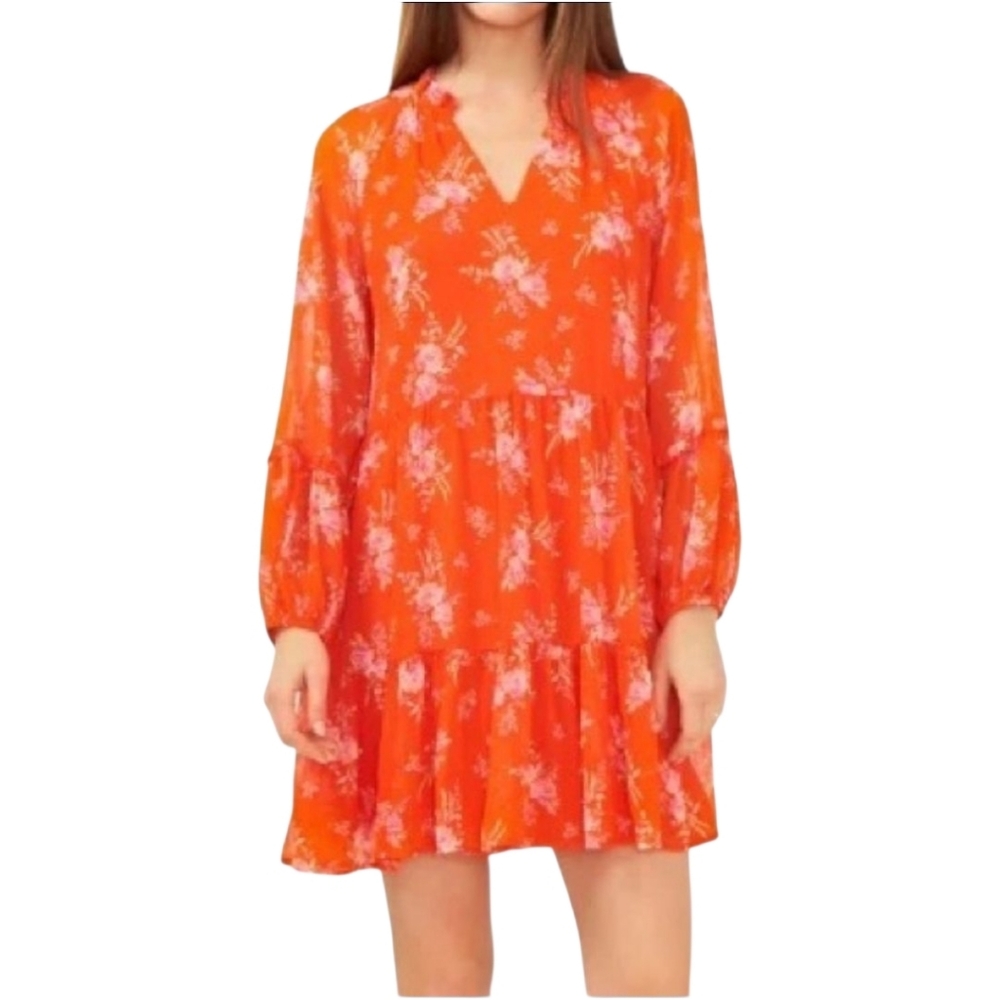 Vince Camuto Floral Boho Mini Dress Coral Pink Long Sleeve Size M